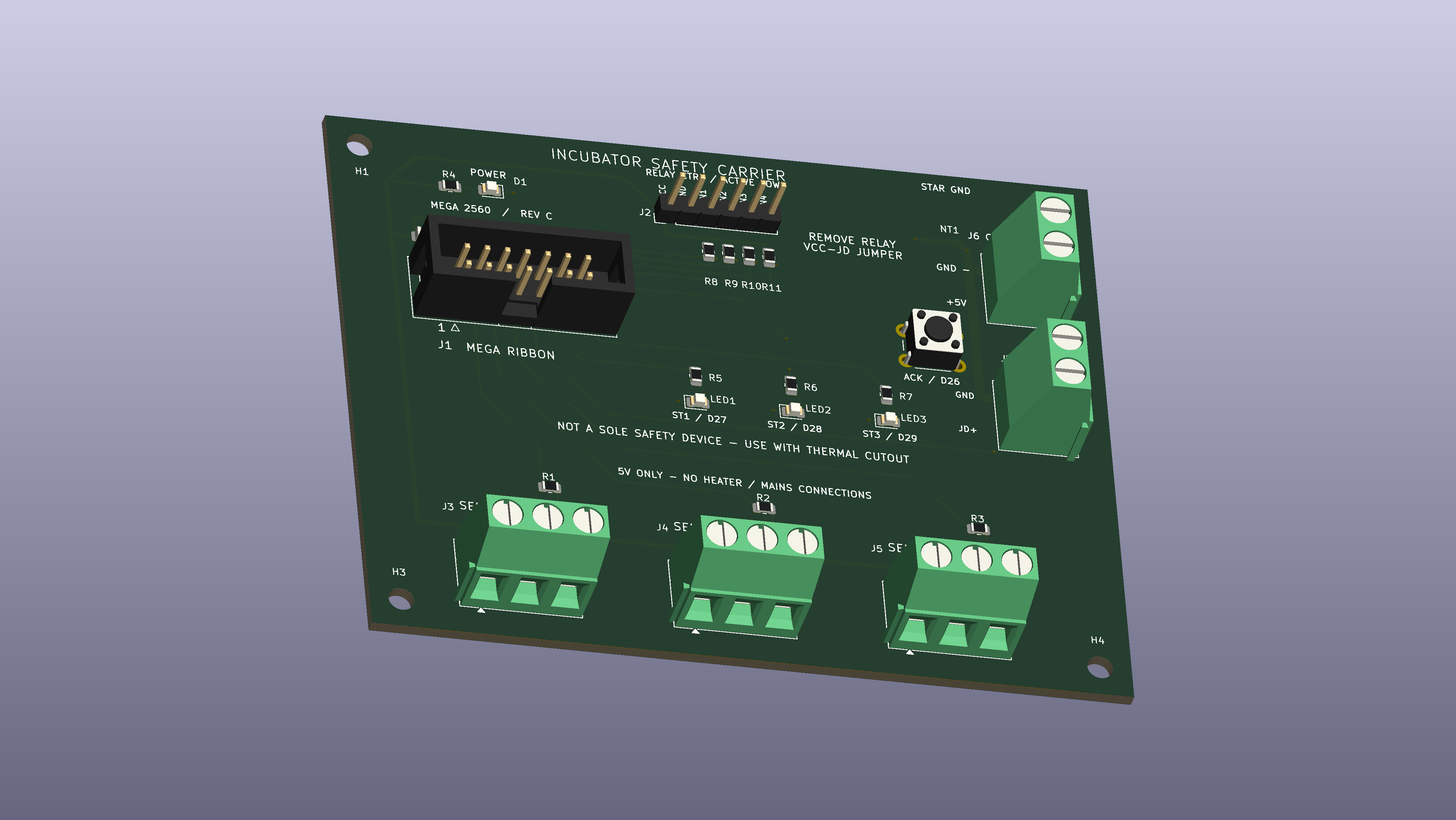 KiCad 3D render of the green two-layer incubator carrier board, with sensor terminals, ribbon header and status LEDs